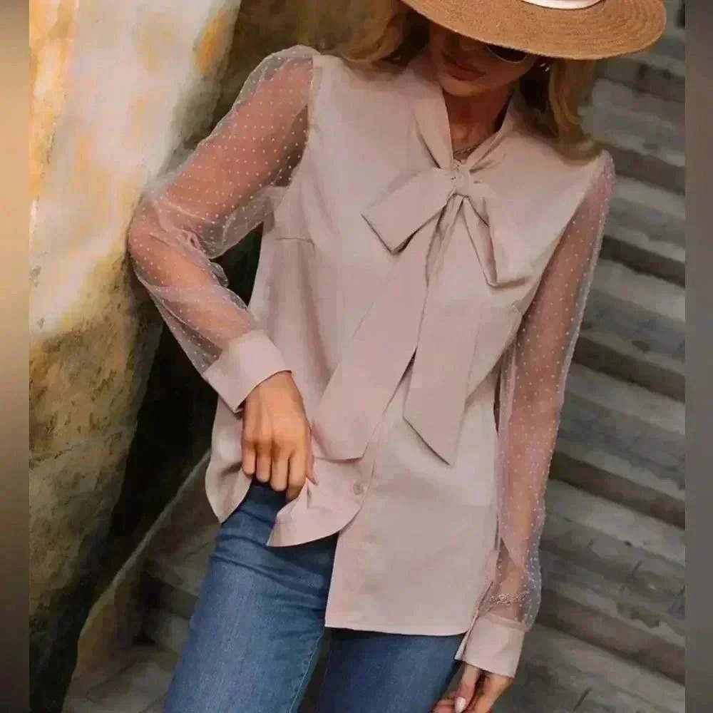 SHEIN Elegant Blush Pink Bow Blouse‎ with Mesh Dot Sleeves - Romantic Top A68